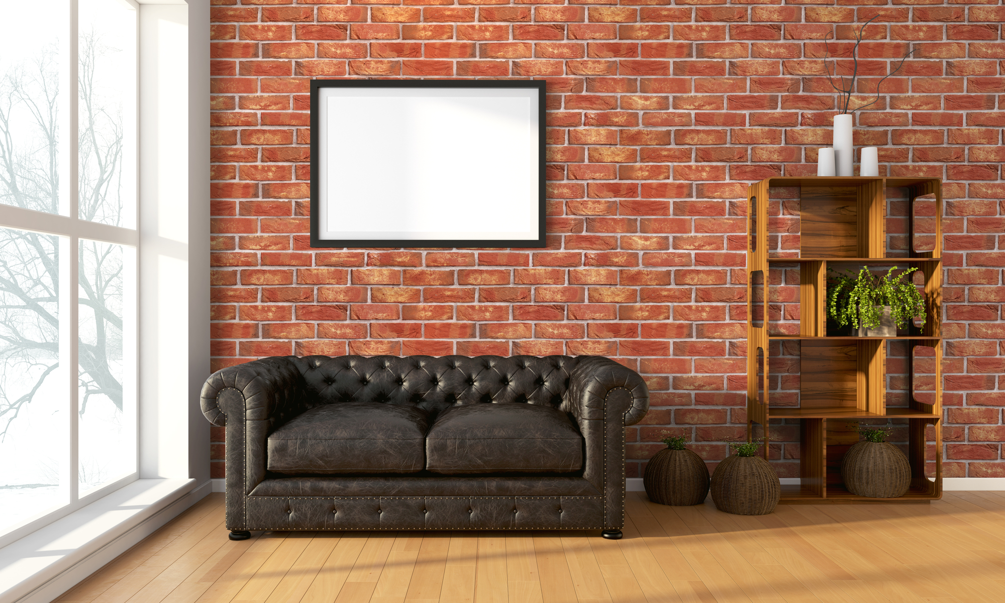 home in river district north Brick wall backdrop, stylish leather couch, and neat shelf combine to create a cozy vibe.