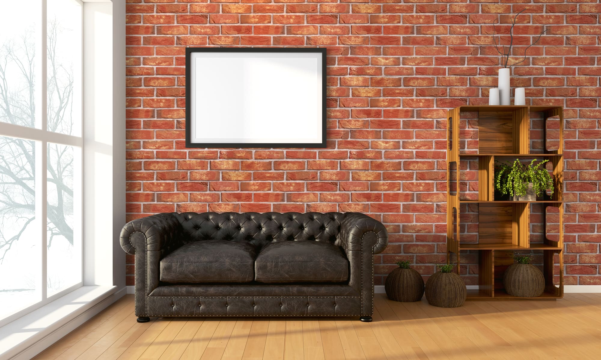 Brick wall backdrop, stylish leather couch, and neat shelf combine to create a cozy vibe.